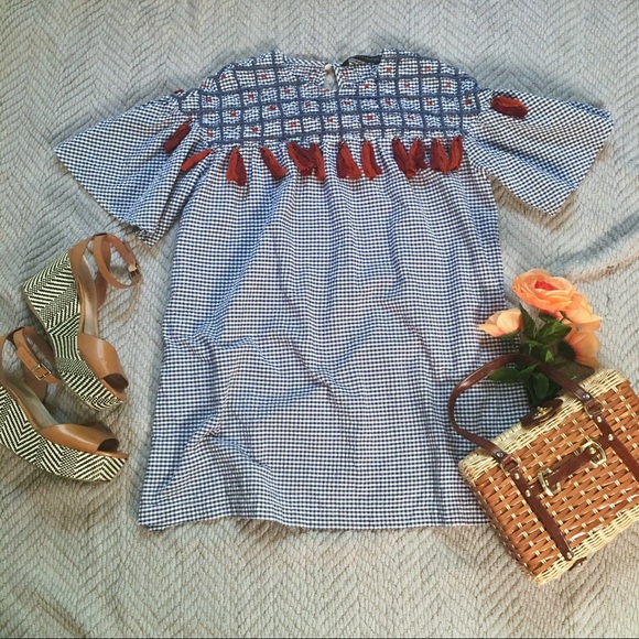 Zara Dresses & Skirts - Gingham Mini Dress with Tassels.